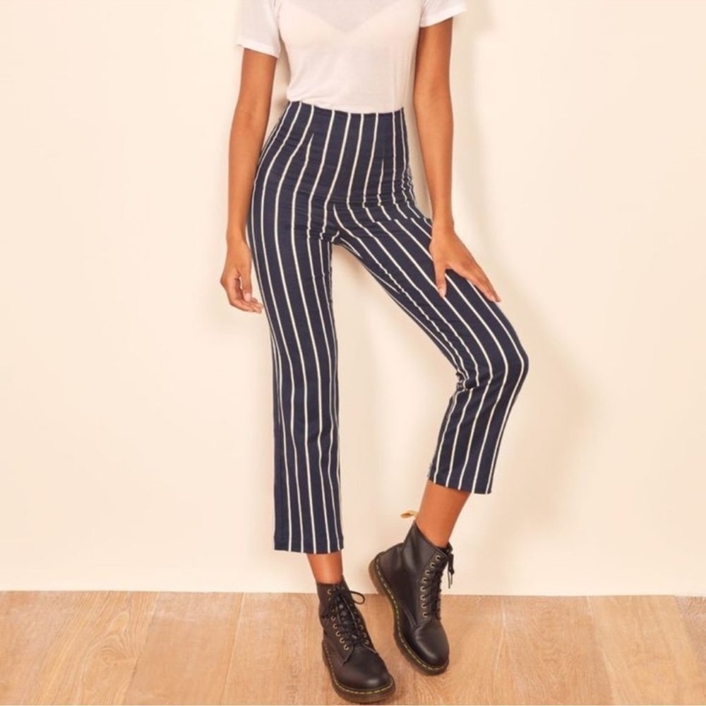 Reformation Women’s Crop Striped Pant High Waist Navy Blue White 4